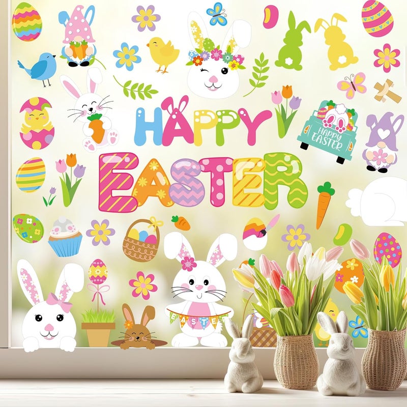 Whaline 9 Sheets Easter Cartoon Window Cling Stickers Colorful Bunny Rabbit Bird Egg Reusable Window Decals for Spring Party Home Classroom Decoration - Image 1